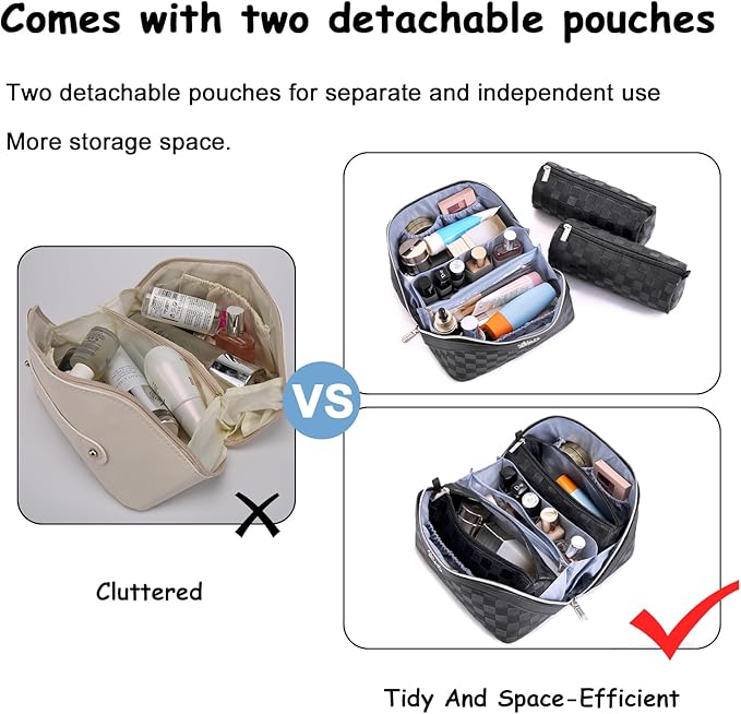 BOYATU Travel Makeup Bags for Women: Vegan Leather Cosmetic Bag Set of 3 - Large Capacity Make up Bag with Divider - Wide Open Waterproof Toiletry Organizer Bag with Handle (L13-Black)