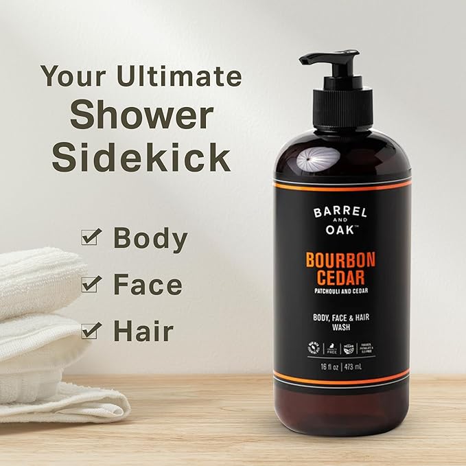 Barrel and Oak - All-In-One Body Wash, Men's Soap for Hair, Face, & Body, Essential Oil-Based Scent, Cedarwood & Bourbon, Vegan (Bourbon Cedar, 16 oz)