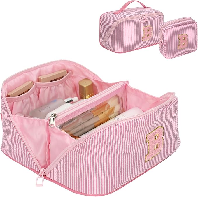 Travel Makeup Bag for Women, 2Pcs Portable Personalized Initial Makeup Organizer Bag, Open Flat Large Cosmetic Bag With Travel Essential Pouch (Pink Letter B)