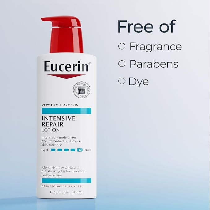 Eucerin Intensive Repair Body Lotion for Dry Skin with Alpha Hydroxy, Body Moisturizer for Very Dry Skin, Moisturizes, Exfoliates and Conditions, Fragrance Free and Paraben Free, 16.9 Fl Oz Bottle