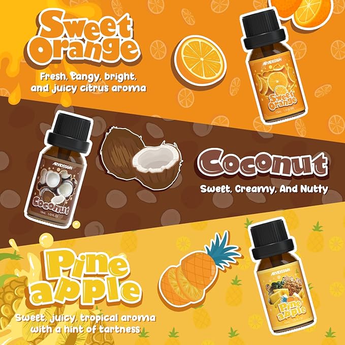 ARVIDSSON Fruits Essential Oils Set, Natural Fruity Fragrance Oil for Candle & Soap Making - Sweet Orange, Pineapple, Coconut, Cranberry, Peach, Strawberry, Aromatherapy Diffuser Oils Gift Set