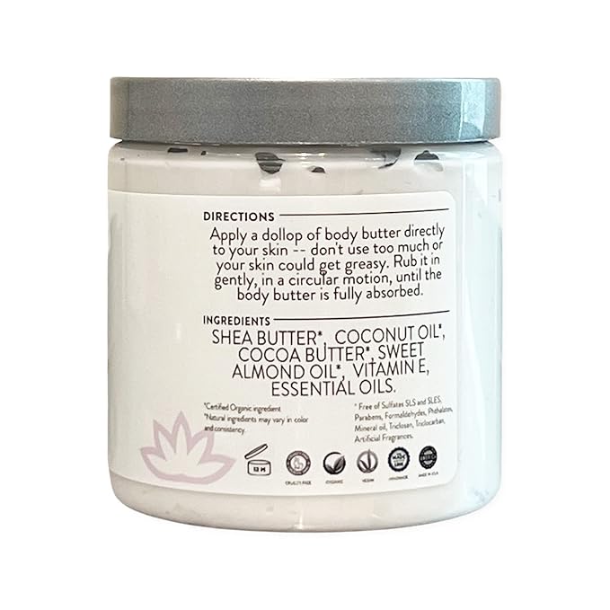 Glimmer Goddess Organic Whipped Body Butter for Women - Moisturizer Cream with Shea & Cocoa Butter, Almonds & Coconut Oil - Honeysuckle, 8oz