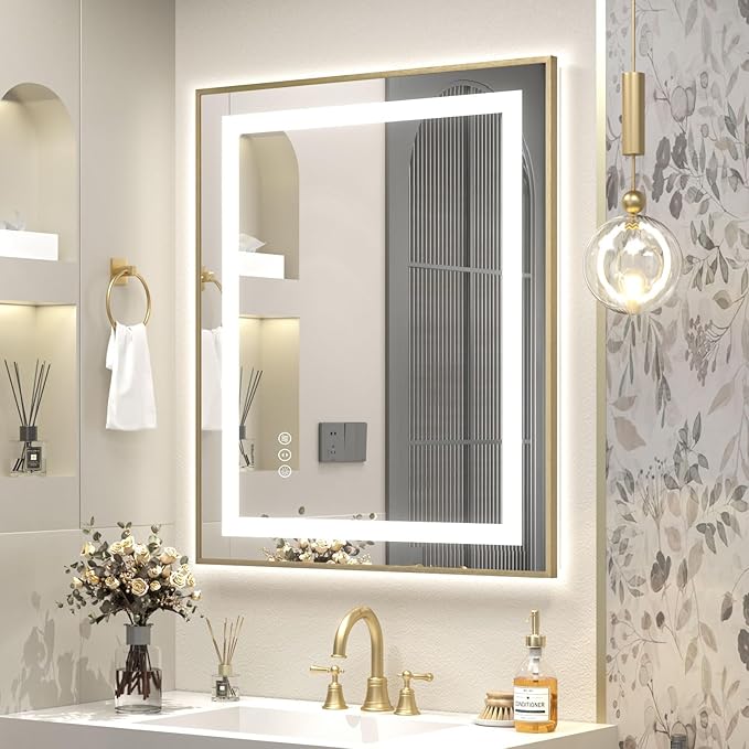 OKPAL 24x30 Gold LED Bathroom Mirror with Lights, Frontlit & Backlit Metal Framed Mirror, Lighted Bathroom Vanity Mirror, Anti-Fog, Dimmable 3 Colors, Shatterproof, Horizontal/Vertical