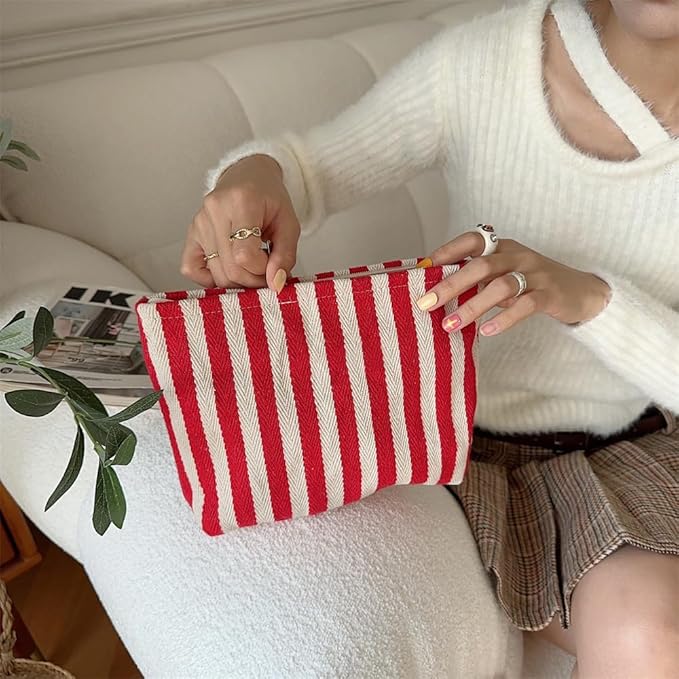 PAZIMIIK Makeup Bag Large Cotton Zipper Pouch for Purse Travel Canvas Make Up Organizer for Women Cosmetic,Stripe Red
