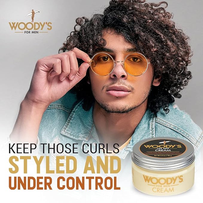 Woody's Styling Cream for Men, Controls Curly/Wavy Hair, Water-Soluble Mild Hold, Healthy Shine, 3.4 oz