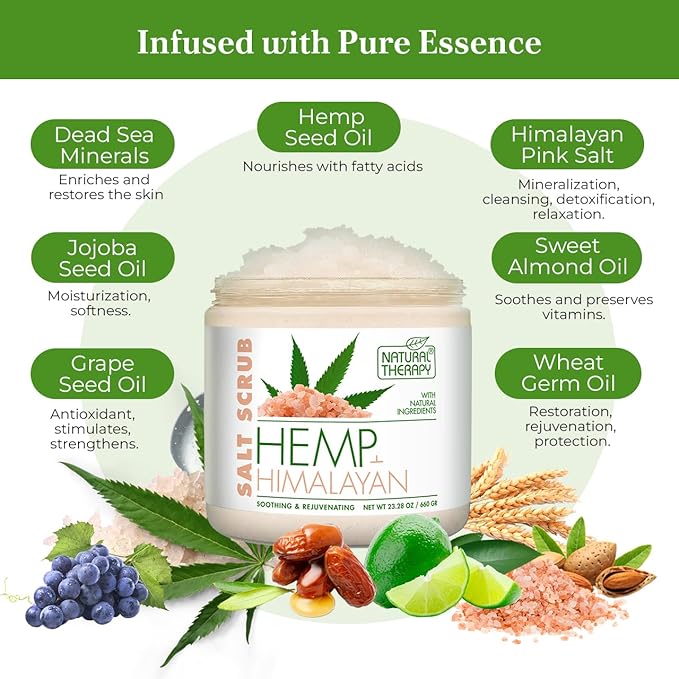Natural Therapy Hemp & Himalayan Salt Scrub – Exfoliating Body Scrub for Women – Moisturizing and Nourishing Skin – with Pure Oils and Dead Sea Minerals (23.28 Oz)