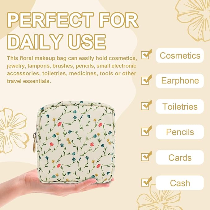 Waterproof Mini Floral Makeup Bag Pouch for Purse,Nylon Flower Cosmetic Bag Small Preppy Toiletry Organizers Bag for Women Girl,Cute Zipper Pouch Coin Purse for Work(Mini Light Yellow-Flowers)