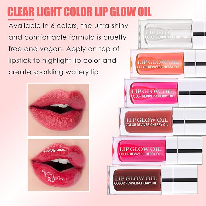 2PCS Lip Oil Set, Hydrating Lip Glow Oil Lip Plumper Gloss, Tinted Lip Oils Transparent Long Lasting Non-sticky Lip Gloss, Plumping Lip Gloss Lip Care Kit (Raspberry & Cherry)