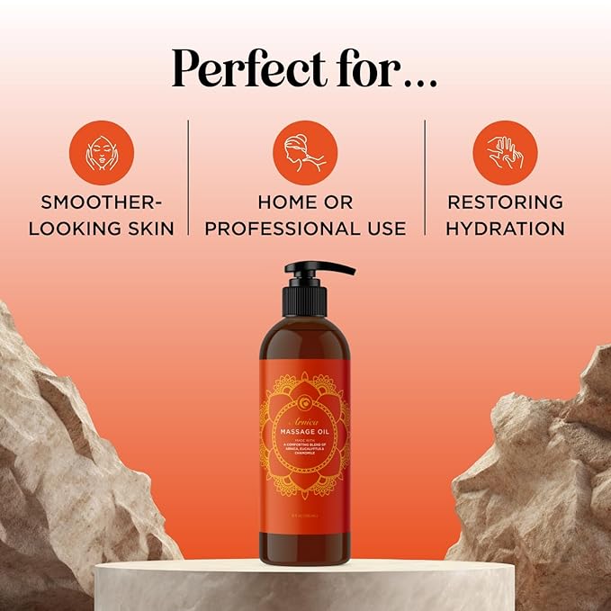 Arnica Massage Oil for Muscle Relaxing - Comforting Sore Muscle Massage Oil for Full Body Relief with Soothing Chamomile Lavender Peppermint & Rosemary Essential Oils - Vegan & Non GMO (8 Fl Oz)