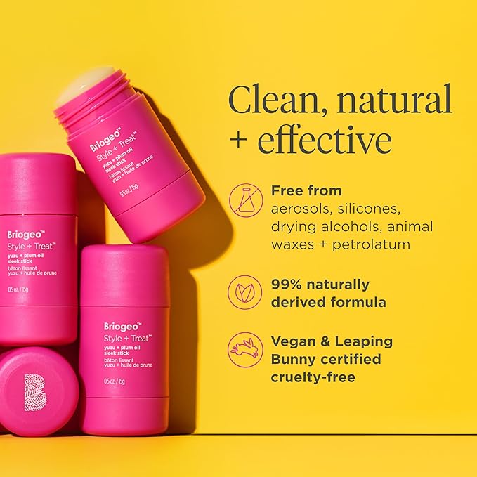 Briogeo Style + Treat Yuzu + Plum Oil Sleek Stick, Vegan Wax Hair Stick, Non-Greasy, Travel-Friendly, Tames Flyaways, Styling Stick for All Hair Types, Vegan, Cruelty-Free, 0.5 oz