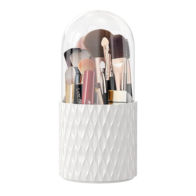 Makeup Brush Holder [Upgrade] [Dustproof & Waterproof] 360 Rotating Cosmetics Make up Brush Organizer Storage with Lid for Vanity