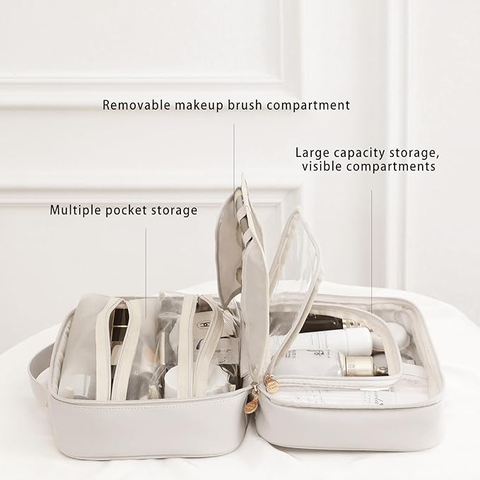 RIGHT AWAY Travel Toiletry Bag for Women,Large Makeup Bag& Cases,Waterproof Cosmetic Organizer Bag with Compartments,Portable Make Up Bag for Travel Size Toiletries,Skincare,Brushes Set,White