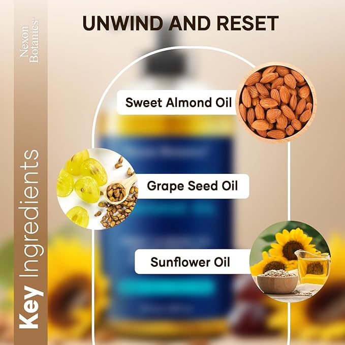 Unscented Massage Oil for Massage Therapy 8 fl oz - Refreshing and Relaxing - Natural Oils with Sweet Almond, Grape Seed and Sunflower Oil - for Men and Women - Nexon Botanics