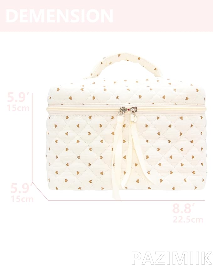PAZIMIIK Quilted Makeup Bag Large Travel Zipper Soft Cosmetic Case for Women Girls Make Up,Gauze Heart Coffee