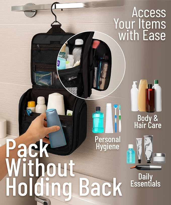 D&D Hanging Travel Toiletry Bag for Men and Women – Large Cosmetics, Makeup and Toiletries Organizer Kit with 10 Compartments, YKK Zippers, XXL Metal Swivel Hook, Water-Resistant Nylon