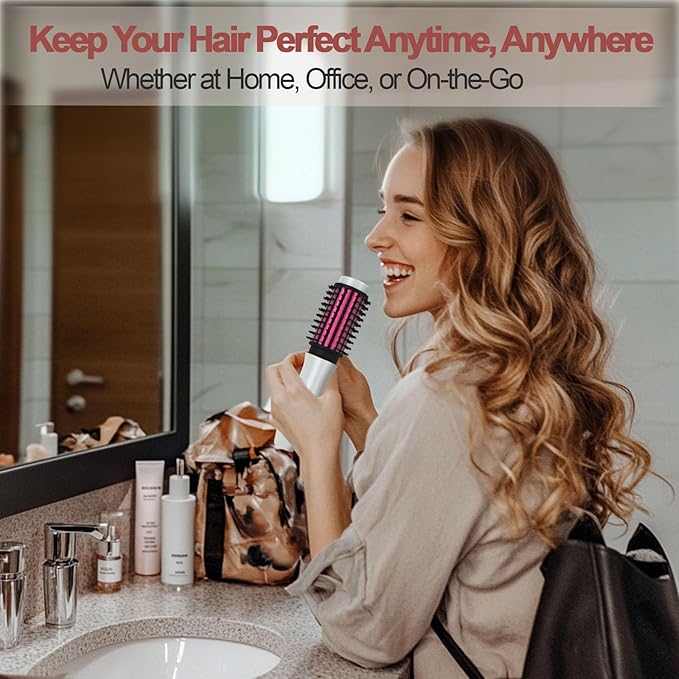 Cordless Hair Curling Iron Brush, Mini Travel Hot Straightener Comb, 3-in-1 Portable Wave Curling Wand, 1.5″ Ionic Heated Brush, USB Rechargeable Hair Curler, White – No Automatic Rotation