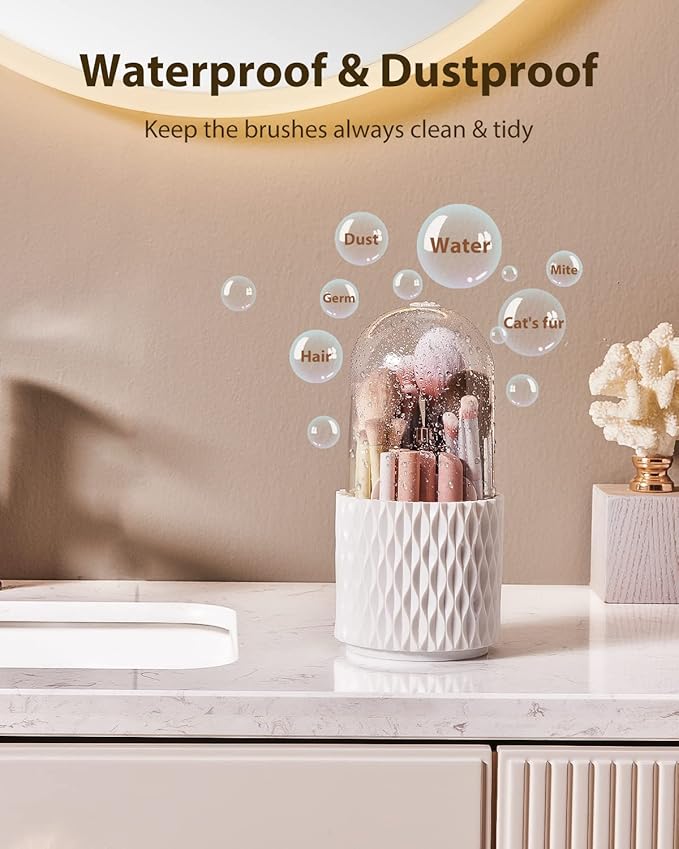 Makeup Brush Holder [Upgrade] [Dustproof & Waterproof] 360 Rotating Cosmetics Make up Brush Organizer Storage with Lid for Vanity