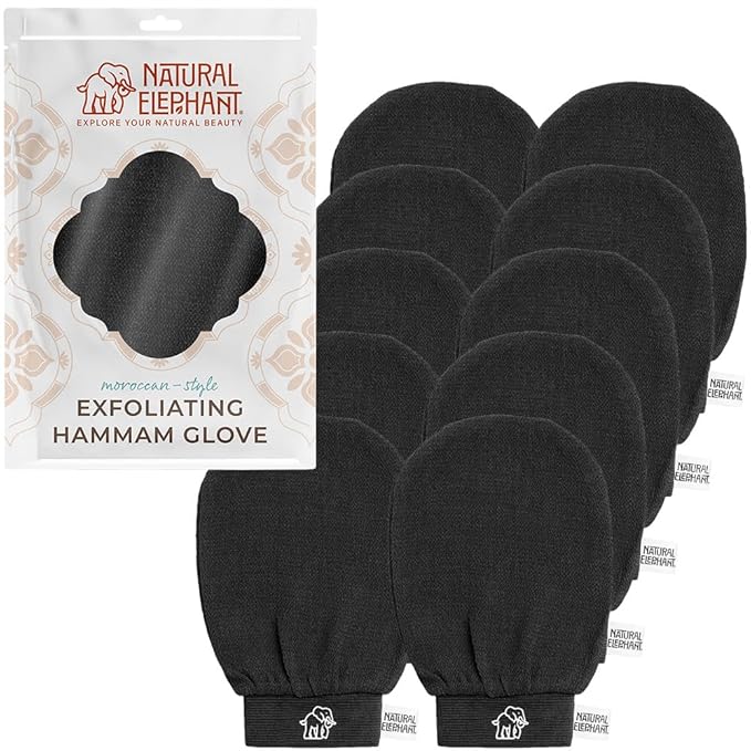 Natural Elephant Exfoliating Hammam Glove - Face and Body Exfoliator Mitt 5 and 10 Packs (Pure Black (Pack of 10))