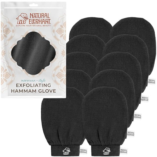 Natural Elephant Exfoliating Hammam Glove - Face and Body Exfoliator Mitt 5 and 10 Packs (Pure Black (Pack of 10))