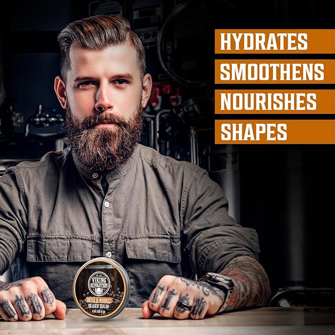 Viking Revolution Coffee Whiskey Beard Balm for Men - Beard Butter for Men with Argan Oil and Jojoba Oil Softener and Moisturizer Styling Balm (1 Pack, 2oz)