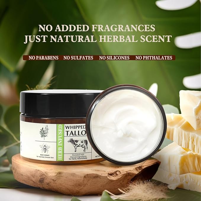 Beef Tallow for Skin 4.6 OZ Whipped Tallow Balm Natural Face and Body Butter with Raw Honey, Herbal Extracts, Grass-Fed Beef Tallow