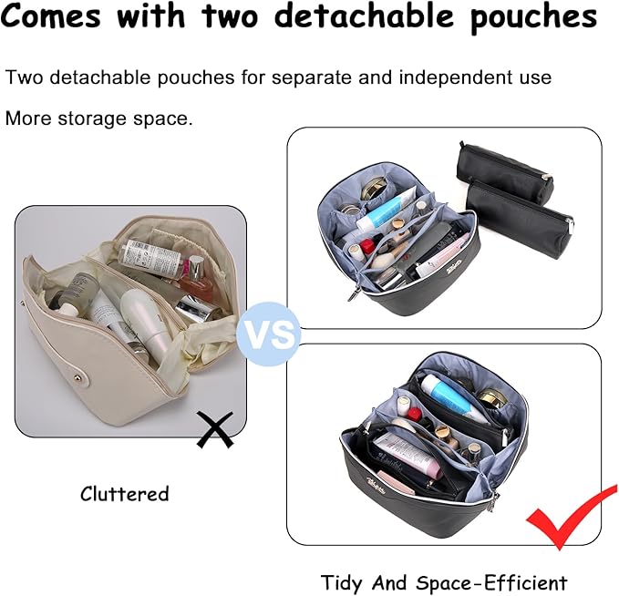 BOYATU Travel Makeup Bags for Women: Vegan Leather Cosmetic Bag Set of 3 - Large Capacity Make up Bag with Divider - Wide Open Waterproof Toiletry Organizer Bag with Handle (05-Black)