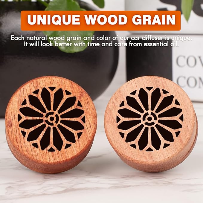 Essential Oil Car Diffuser, 2 PCS Gothic Flower Car Aromatherapy Wood Diffuser with Vent Clip