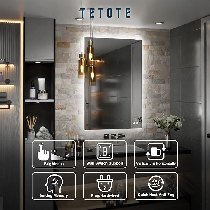 TETOTE 24 x 36 Inch LED Mirror Backlit Bathroom,Anti-Fog Mirror with Light,Dimmable,CRI90+,IP54 Water Proof,Wall Mounted Vanity Lighted,Horizontal/Vertical