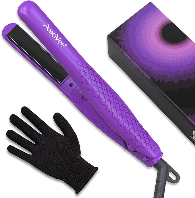 AmoVee Mini Flat Iron, 0.7 Inch Mini Hair Straightener, Small Flat Iron for Short Hair,Curls Bangs, Dual Voltage Travel Hair Straightener（Purple）