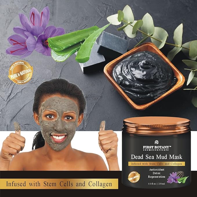 First Botany, 100% Natural Mineral-Infused Dead Sea Mud Mask 8.8oz Stem Cells Facial Treatment Skin Cleanser Pore Reducer Anti Aging Acne Treatment Blackhead Remover Cellulite & Natural Moisturizer