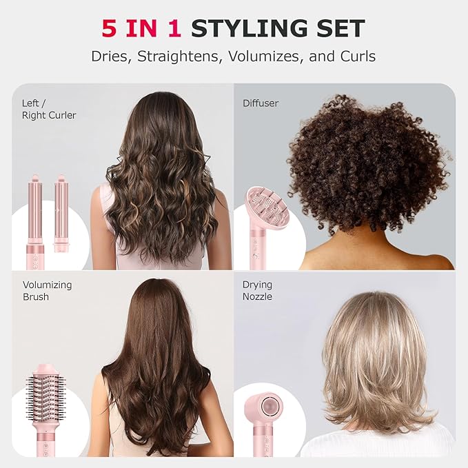 5 in 1 High-Speed Hot Air Styler - Professional Frizz-Free Hair Dryer Brush, Fast Drying Hair Dryer with Diffuser, No Heat Damage Air Styler Wrap - Curl, Volumize