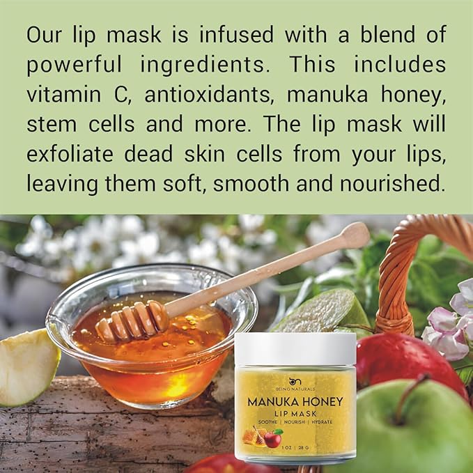 Lip Mask & Lip Balm - leave-on Overnight repair and nourish lip mask or lightweight non-sticky daytime lip care with Vitamin C, Antioxidants, Manuka honey, Stem cells, 1 oz.
