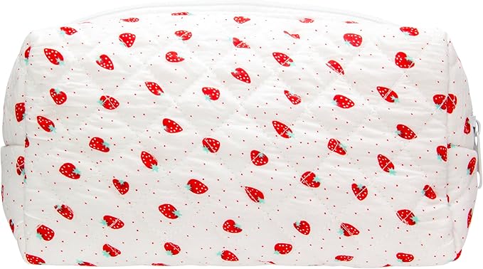 PAZIMIIK Vintage Quilted Makeup Bag Cosmetic Pouch for Brushes Pencils and Travel Make Up Accessories for Women and Girls Strawberry