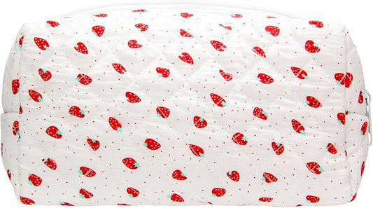 PAZIMIIK Vintage Quilted Makeup Bag Cosmetic Pouch for Brushes Pencils and Travel Make Up Accessories for Women and Girls Strawberry