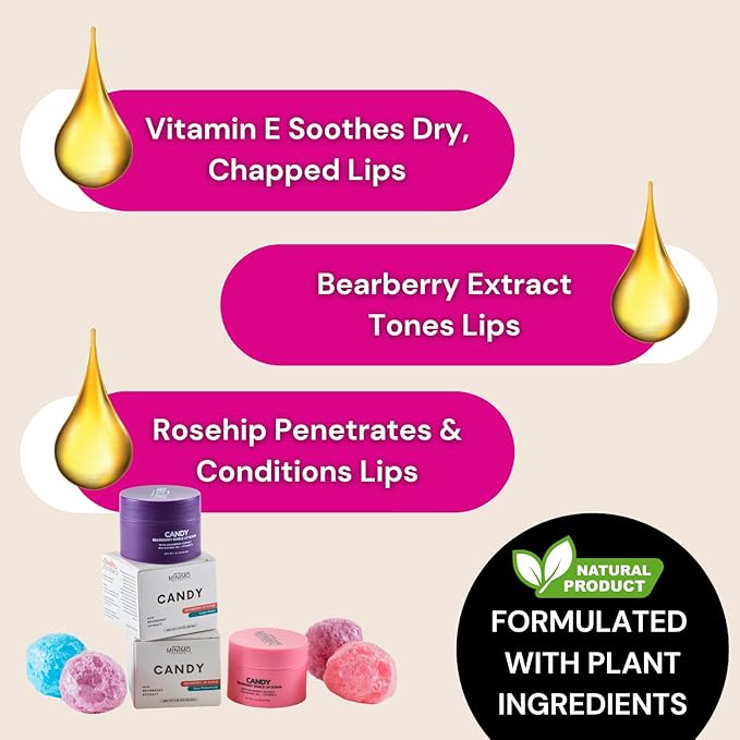 Minimo Candy Lip Exfoliator Scrub & Moisturizer - Lip Scrubber Exfoliator- Lip Brightening For Dark Lips Smoker| Removes Dead Skin from Dry Chapped Lips - Nourishes & Hydrates(1 oz) Grape Nectar
