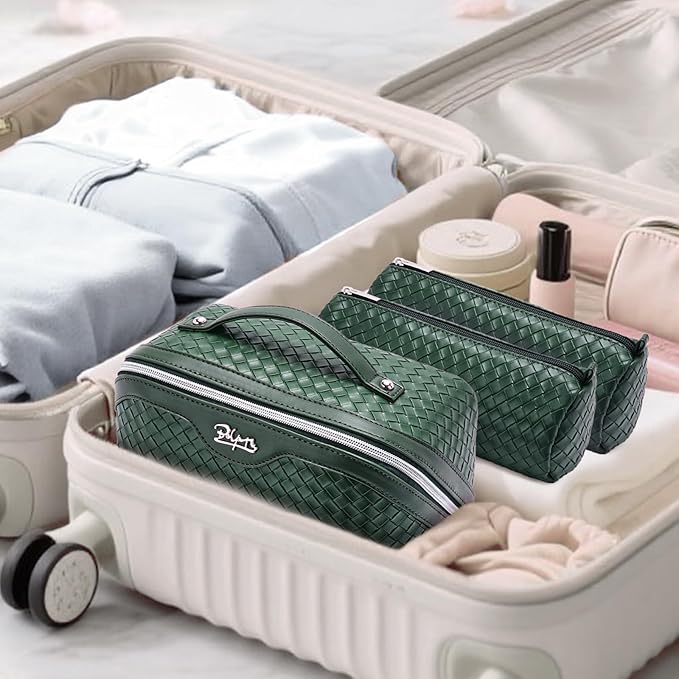 BOYATU Travel Makeup Bag Cosmetic Bags for Women: Large Capacity 3 Pcs Set Make up Bag with Compartments - Waterproof Vegan Leather Toiletry Organizer Bags with Handle - Travel Essentials(L06 Olive)