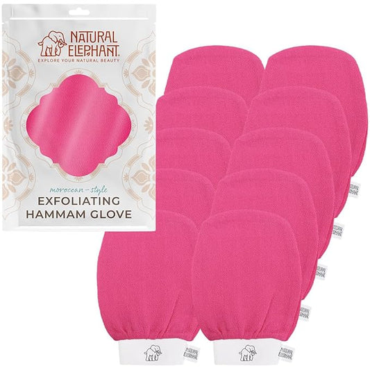 Natural Elephant Exfoliating Hammam Glove - Face and Body Exfoliator Mitt 5 and 10 Packs (Pink Tulip (Pack of 10))