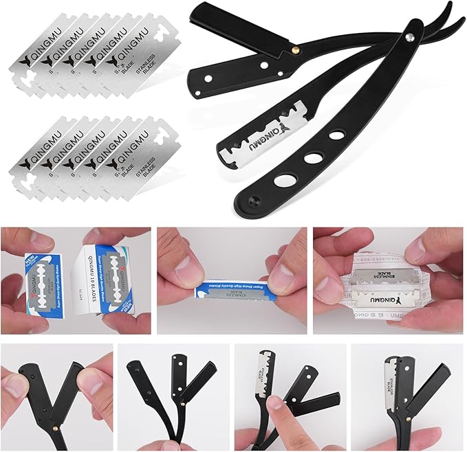 Beard Shaper for Men Beard Shaping Tools - Beard Straightener, Beard Template Guide, Professional Straight Edge Razor, 10 PCS Double Edge Blade, Barber Pencil, Beard Comb, 2 Stainless Steel Scissors