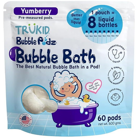 TruKid Bubble Podz Bubble Bath for Kids, Toddlers, & Babies, Tear Free Gentle & Refreshing Bath Bomb for Sensitive Skin with Natural Moisturizers, Non-Toxic, pH Balanced, Yumberry Scent (60 Podz)