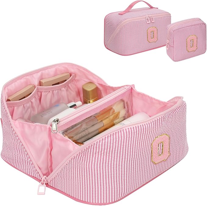 Travel Makeup Bag for Women, 2Pcs Portable Personalized Initial Makeup Organizer Bag, Open Flat Large Cosmetic Bag With Travel Essential Pouch (Pink Letter Q)