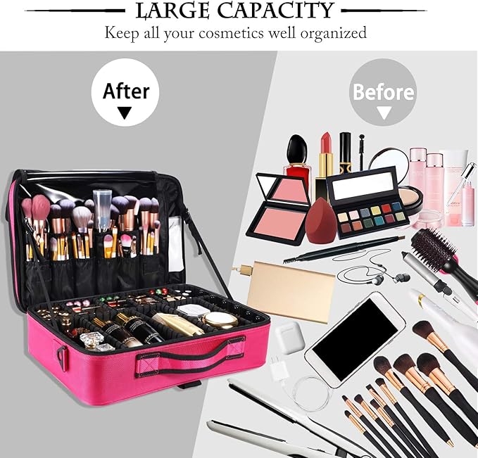 JOURMON Travel Makeup Case Portable Makeup Train Case Organizer Cosmetic Bag with Adjustable Dividers and Shoulder Strap for Makeup Brushes Toiletry Travel Accessories(Rose Red, L)