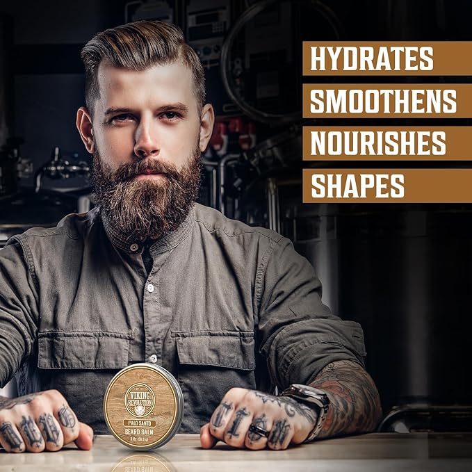 Viking Revolution Palo Santo Beard Balm for Men - Beards Butter for Men with Argan Oil and Jojoba Oil - Beard Softener and Moisturizer for Mens Beards Styling Balm (1 Pack, 2oz)