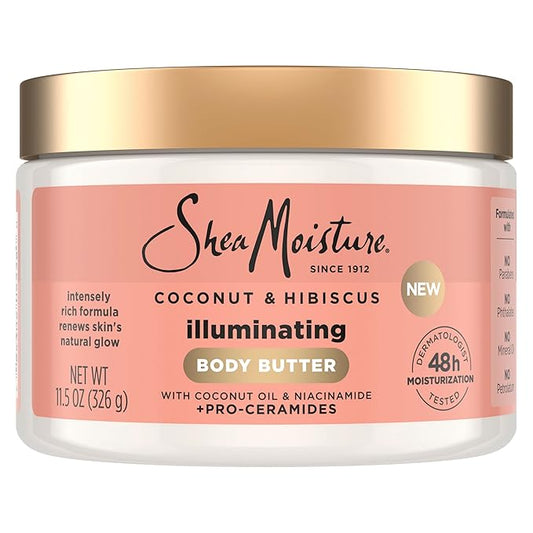 SheaMoisture Illuminating Body Butter with Coconut & Hibiscus, Niacinamide and Pro-Ceramides, Renewing Skin’s Natural Glow, 48H Moisturizing 11.5 oz