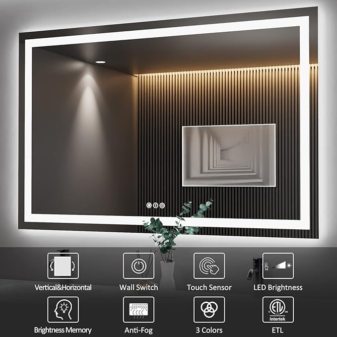 Amorho LED Bathroom Mirror 55''X36'' with Front and Backlight, Large Dimmable Wall Mirrors with Anti-Fog, Shatter-Proof, Memory, 3 Colors, Double LED Vanity Mirror
