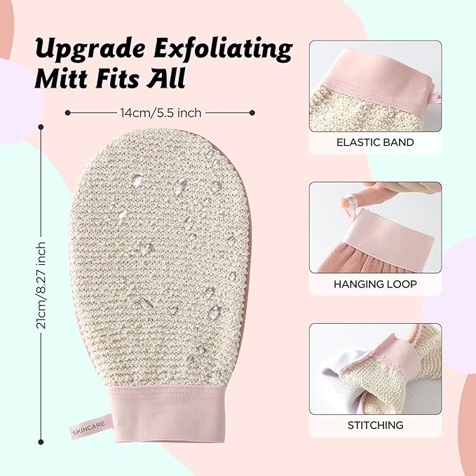 LOTTA Dual-Sided Exfoliating Gloves - Natural Viscose & Sisal for Deep Body Scrub & Massage - Gentle for Sensitive Skin - Replaces Loofah (Pink-Rough)