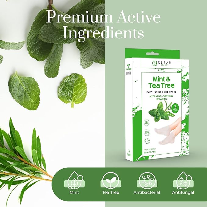 Mint & Tea Tree Foot Masks Moisturizing Socks - Exfoliating, Hydrating & Revives Cracked Feet - Dermatologist Tested, Clean Beauty & Cruelty-Free Skincare - 3 Pairs