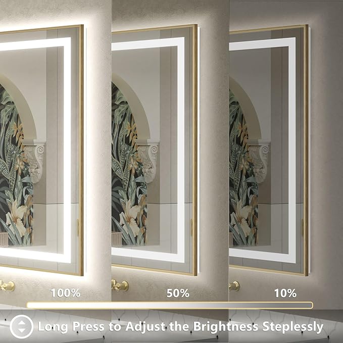 OKPAL Gold LED Bathroom Mirror with Lights, 50x40 Frontlit & Backlit Lighted Bathroom Mirror, LED Vanity Framed Mirror, Anti-Fog, Dimmable, 3 Colors, Shatterproof, ETL Listed