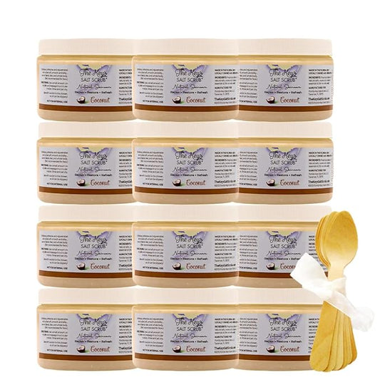 The Keys Salt Scrub -Sea Salt Scrub - Exfoliating Body Scrub with Wooden Spoon - Moisturizing Exfoliator for Hands, Foot, Bath, (12 Ounce (Pack of 12), Coconut)
