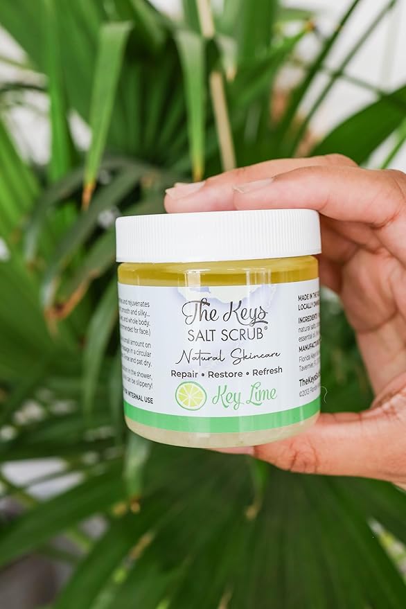 The Keys Salt Scrub -Sea Salt Scrub - Exfoliating Body Scrub with Wooden Spoon - Moisturizing Exfoliator for Hands, Foot, Bath, (3.4 Ounce (Pack of 1), Key Lime)