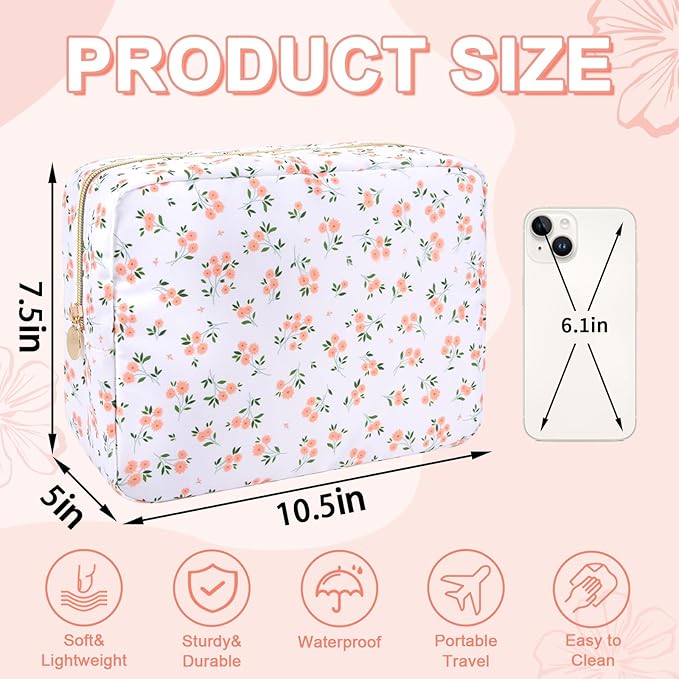 Waterproof Large Floral Makeup Pouch,Nylon Travel Toiletry Storage Purse Preppy Cosmetic Bag for Women Girl,Large Capacity Makeup Organizer Zipper Pouch for Work(L White-Flowers)